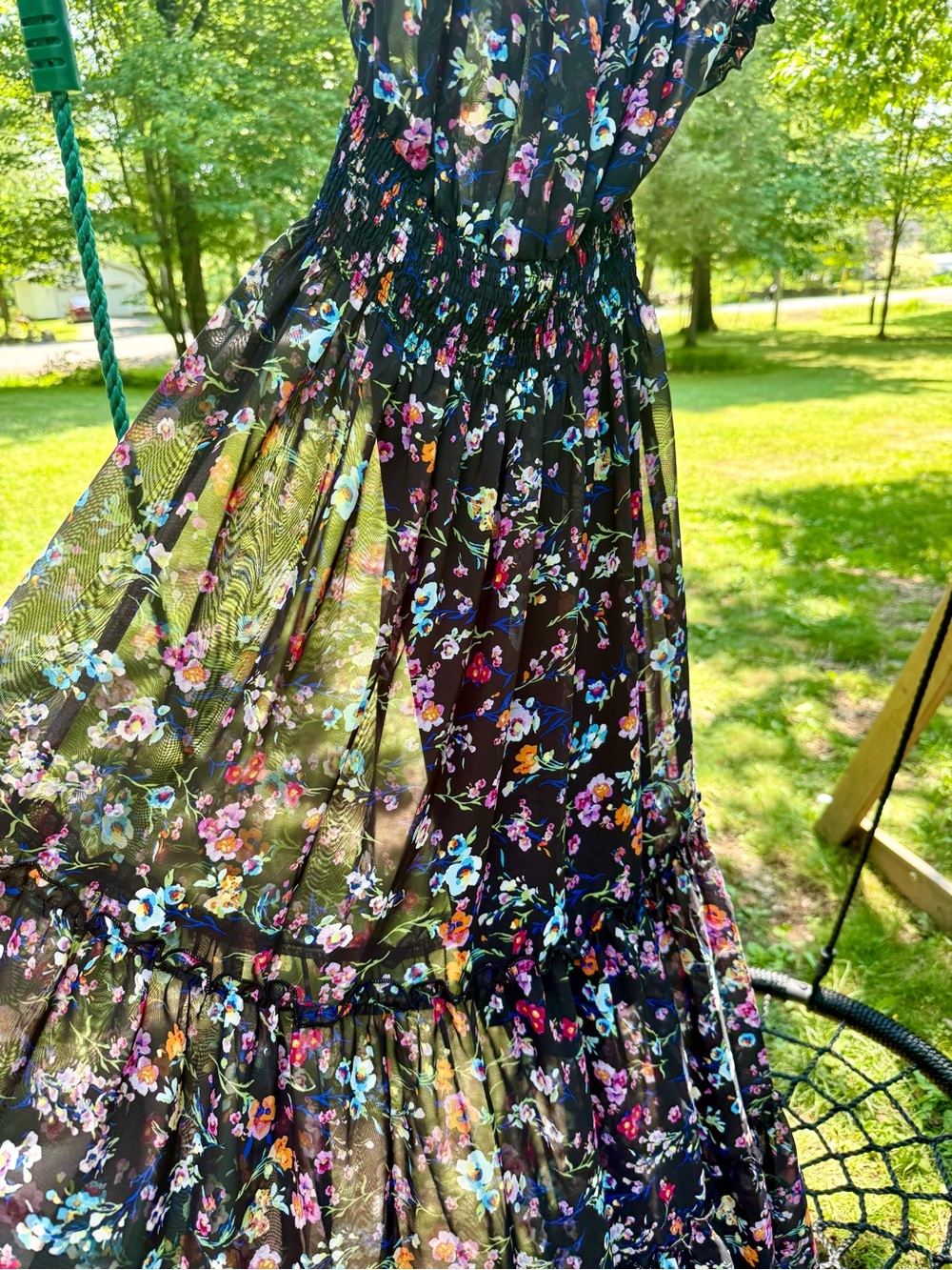 Smocked Black Floral Maxi Dress with Puff Sleeves - Picture 5 of 7